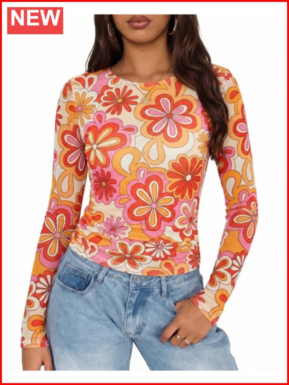 Womens Retro Sheer Mesh Top 80s 90s Party T-Shirt Long Sleeve